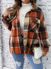 SHEIN LUNE Plus Plaid Flap Pocket Drop Shoulder Overcoat - Multicolor - View 4