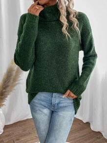SHEIN LUNE Jersey cuello alto de hombros caídos - Verde Oscuro - Ver 5