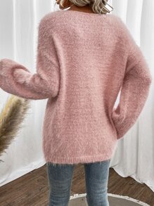 SHEIN Frenchy Drop Shoulder Fluffy Knit Jumper - Pink - View 2