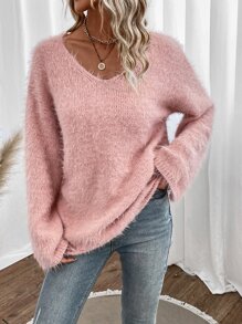 SHEIN Frenchy Drop Shoulder Fluffy Knit Jumper - Pink - View 3