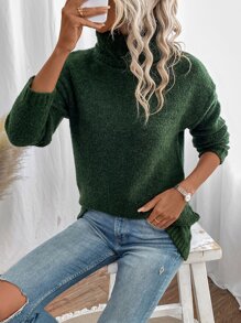 SHEIN LUNE Jersey cuello alto de hombros caídos - Verde Oscuro - Ver 6