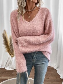 SHEIN Frenchy Drop Shoulder Fluffy Knit Jumper - Pink - View 4