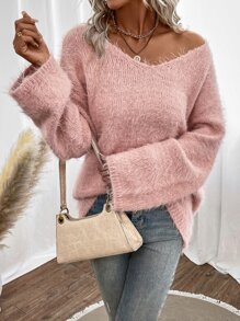 SHEIN Frenchy Drop Shoulder Fluffy Knit Jumper - Pink - View 5