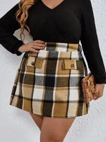 Calvaya 大碼格紋印花高腰半身裙 - 彩色 - 查看 1