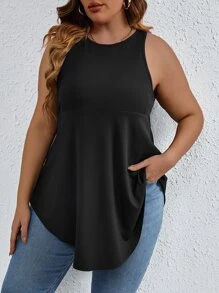 EMERY ROSE 大碼素色弧形下擺背心上衣 - 黑色 - 查看 1