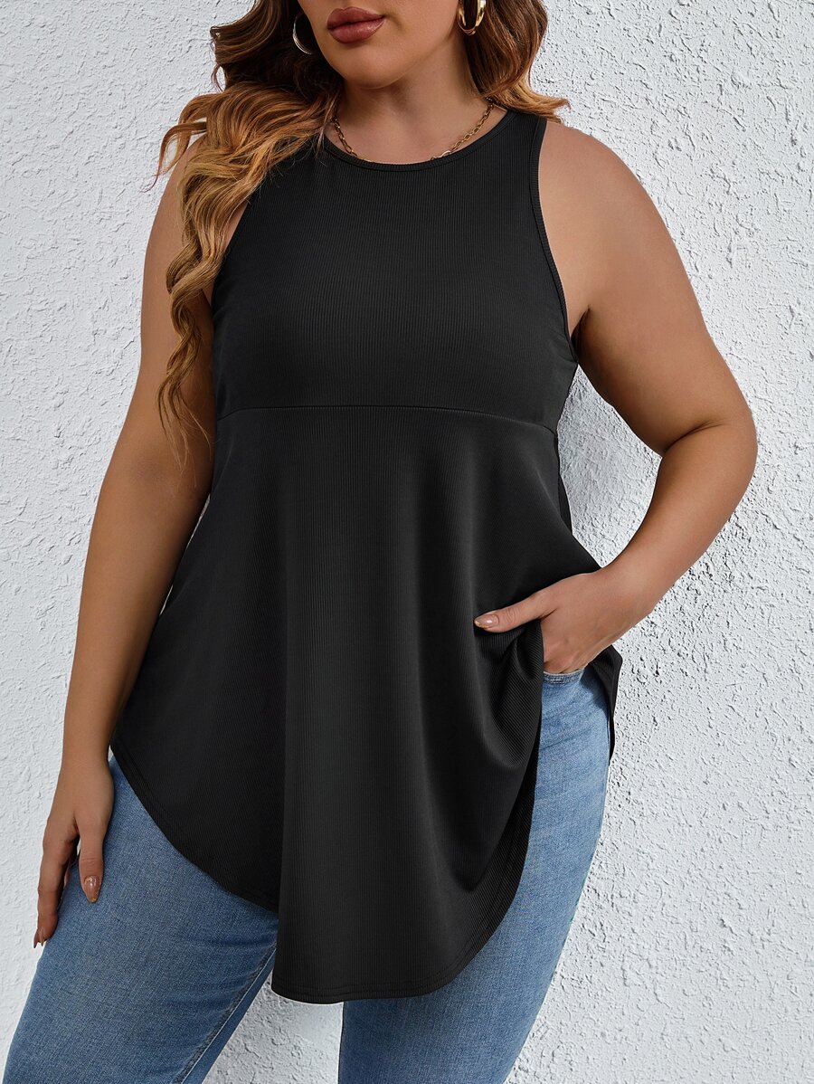 EMERY ROSE 大碼素色弧形下擺背心上衣 - 黑色 - 查看 1