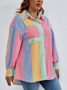 Flirla Plus Colorful Striped Patched Pocket Drop Shoulder Shirt - Multicolor - View 4