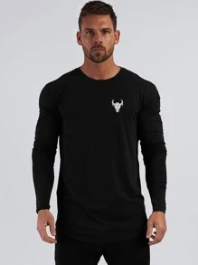 Fitness Boyfriend Style Men Cattle Print Crew Neck Sports Tee Long Sleeve Shirt - Black - View 1