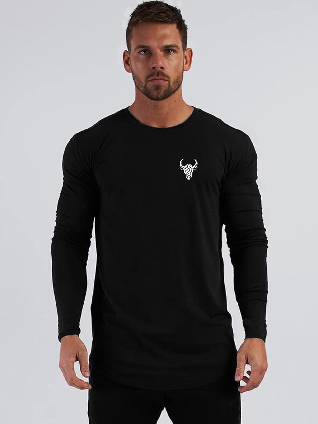 Fitness Boyfriend Style Men Cattle Print Crew Neck Sports Tee Long Sleeve Shirt - Black - View 1