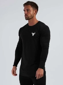 Fitness Boyfriend Style Men Cattle Print Crew Neck Sports Tee Long Sleeve Shirt - Black - View 3
