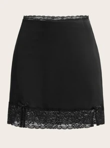 ROMWE Kawaii Contrast Lace Slit Hem Skirt - Black - View 5
