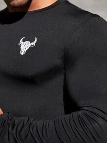 Fitness Boyfriend Style Men Cattle Print Crew Neck Sports Tee Long Sleeve Shirt - Black - View 4