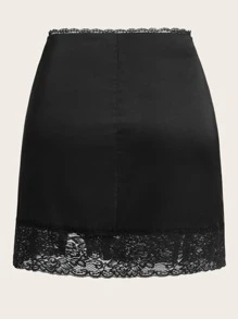 ROMWE Kawaii Contrast Lace Slit Hem Skirt - Black - View 2
