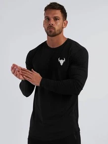 Fitness Boyfriend Style Men Cattle Print Crew Neck Sports Tee Long Sleeve Shirt - Black - View 5
