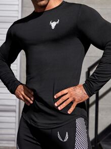 Fitness Boyfriend Style Men Cattle Print Crew Neck Sports Tee Long Sleeve Shirt - Black - View 6