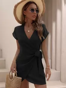 SHEIN Swim Chiffon Batwing Sleeve Wrap Knot Side Kimono,Summer Beach - Black - View 6