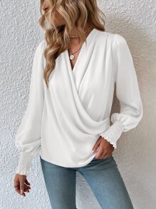 SHEIN Clasi 垂墜交疊領抽褶袖口燈籠袖襯衫 - 白色 - 查看 4