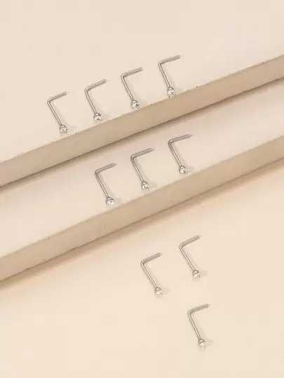 10pcs/set Stainless Steel, Simple & Stylish Rhinestone Decor Nose Stud For Women And Men, Punk Piercing, A Fashionable Body Jewelry Gift For Any Occasion