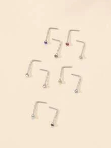 10pcs/set Stainless Steel, Simple & Stylish Random Color Rhinestone Decor Nose Stud For Women And Men, Punk Piercing, A Fashionable Body Jewelry Gift For Any Occasion - Multicolor - View 2