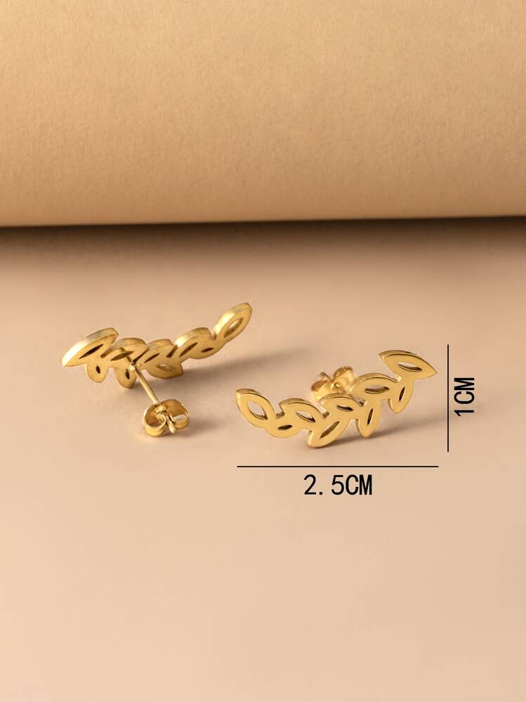 Leaf Design Stud Earrings - Yellow Gold - View 3