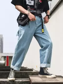 Claim Dot 男士純色口袋寬鬆牛仔褲 - 淺色水洗藍 - 查看 3