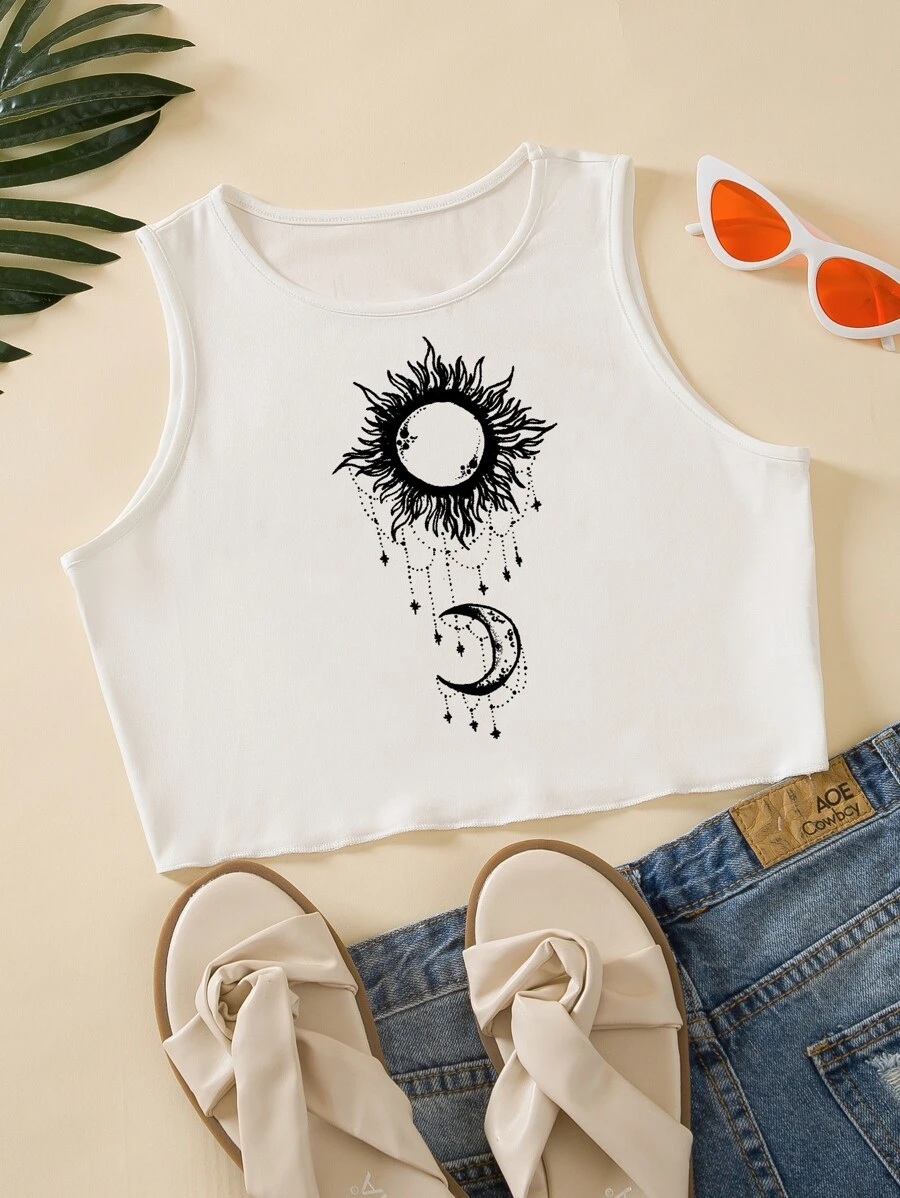 SHEIN Unity Top tank corto con estampado de sol y luna - Blanco - Ver 1