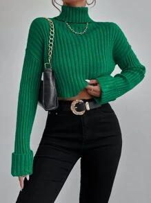 SHEIN Essnce 落肩袖高領條紋針織套頭毛衣 - 綠色 - 查看 1