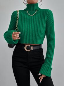 SHEIN Essnce 落肩袖高領條紋針織套頭毛衣 - 綠色 - 查看 3