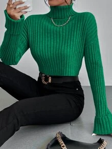 SHEIN Essnce 落肩袖高領條紋針織套頭毛衣 - 綠色 - 查看 4