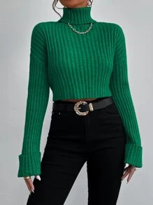 SHEIN Essnce 落肩袖高領條紋針織套頭毛衣 - 綠色 - 查看 6