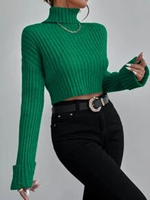 SHEIN Essnce 落肩袖高領條紋針織套頭毛衣 - 綠色 - 查看 7