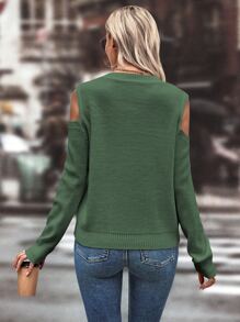 SHEIN LUNE Cold Shoulder Cable Knit Jumper - Dark Green - View 2