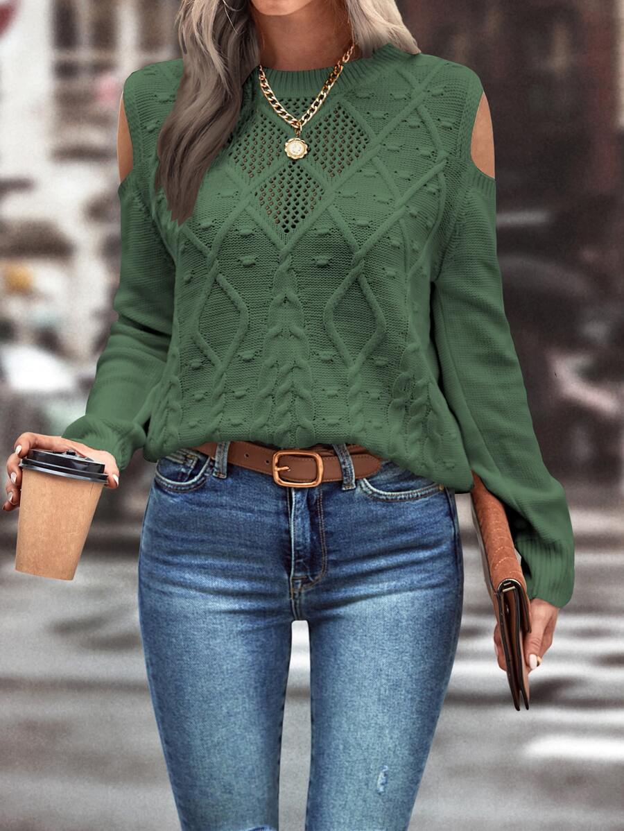 SHEIN LUNE Cold Shoulder Cable Knit Jumper - Dark Green - View 1