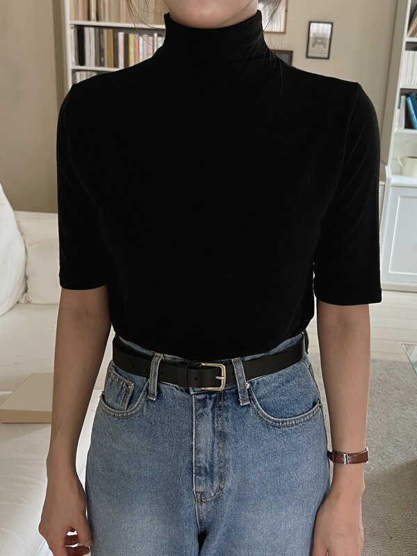 DAZY Camiseta de cuello alto sólida, casual de negocios para mujeres