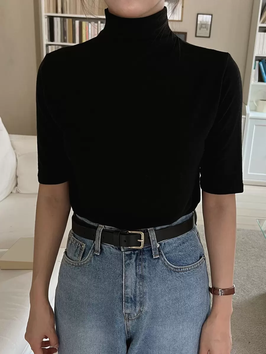 DAZY Camiseta de cuello alto sólida, casual de negocios para mujeres - Negro - Ver 1