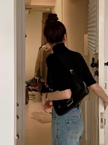 DAZY Camiseta de cuello alto sólida, casual de negocios para mujeres - Negro - Ver 2