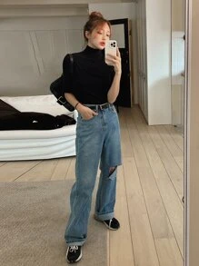 DAZY Camiseta de cuello alto sólida, casual de negocios para mujeres - Negro - Ver 4