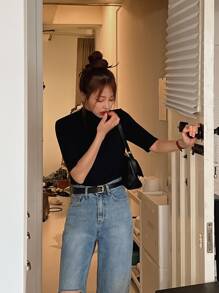 DAZY Camiseta de cuello alto sólida, casual de negocios para mujeres - Negro - Ver 6