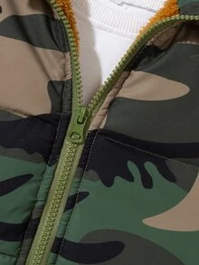 Young Boy Camo Print Fuzzy Trim Hooded Padded Coat Without Tee - Multicolor - View 6