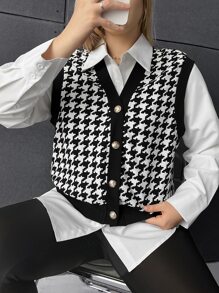 SHEIN Privé Plus Houndstooth Button Front Vest Jacket - Black and White - View 1
