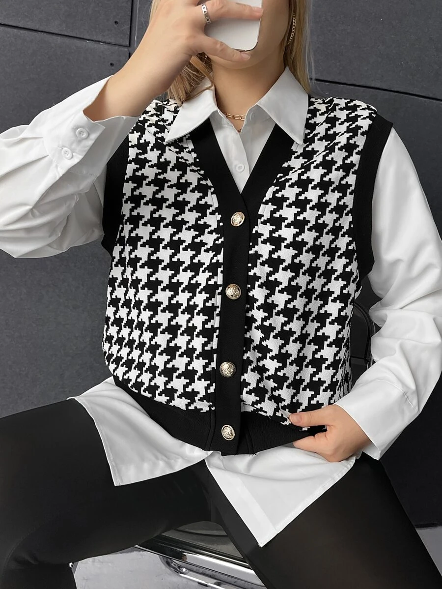 SHEIN Privé Plus Houndstooth Button Front Vest Jacket - Black and White - View 1