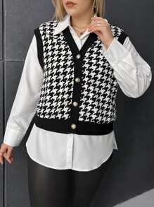 SHEIN Privé Plus Houndstooth Button Front Vest Jacket - Black and White - View 4