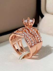 2pcs/set Fashion Cubic Zirconia Ring Set For Women For Wedding Jewelry Valentine's Gift - Rose Gold - View 1