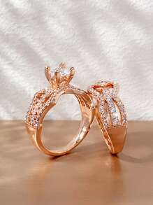 2pcs/set Fashion Cubic Zirconia Ring Set For Women For Wedding Jewelry Valentine's Gift - Rose Gold - View 3