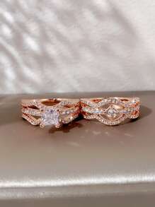 2pcs/set Fashion Cubic Zirconia Ring Set For Women For Wedding Jewelry Valentine's Gift - Rose Gold - View 4