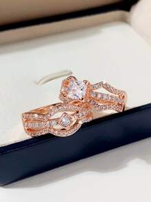 2pcs/set Fashion Cubic Zirconia Ring Set For Women For Wedding Jewelry Valentine's Gift - Rose Gold - View 5