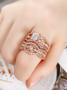 2pcs/set Fashion Cubic Zirconia Ring Set For Women For Wedding Jewelry Valentine's Gift - Rose Gold - View 6