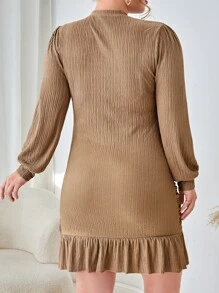 SHEIN Privé Plus Lantern Sleeve Ruffle Hem Dress - Brown - View 2