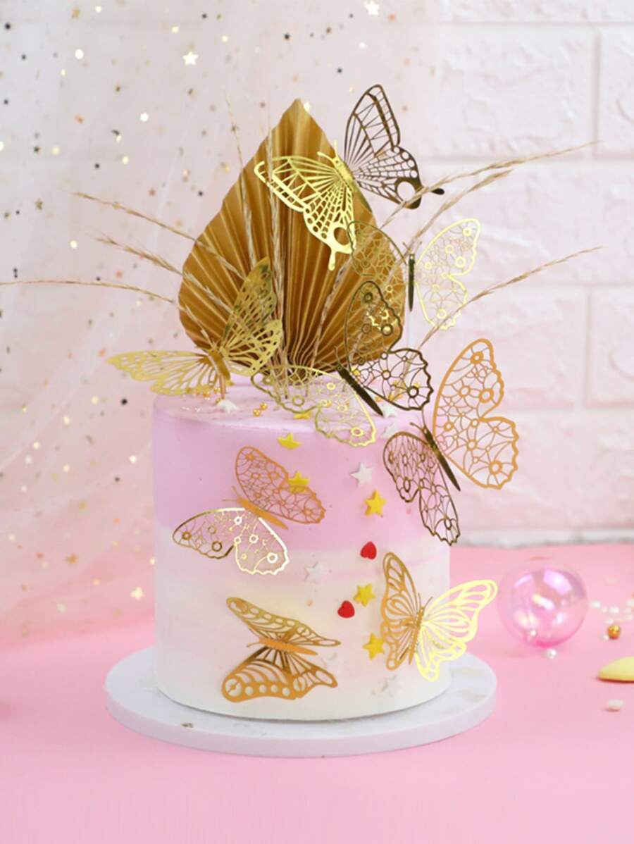 12pcs Random Metallic Butterfly Cake Topper, Gold Paper Cake Decoration For Baking - Gold - View 1