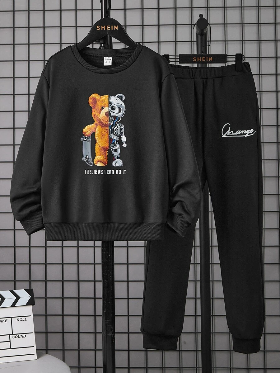 SHEIN Boys Bear And Slogan Graphic Sweatshirt & Joggers - Black - View 1
